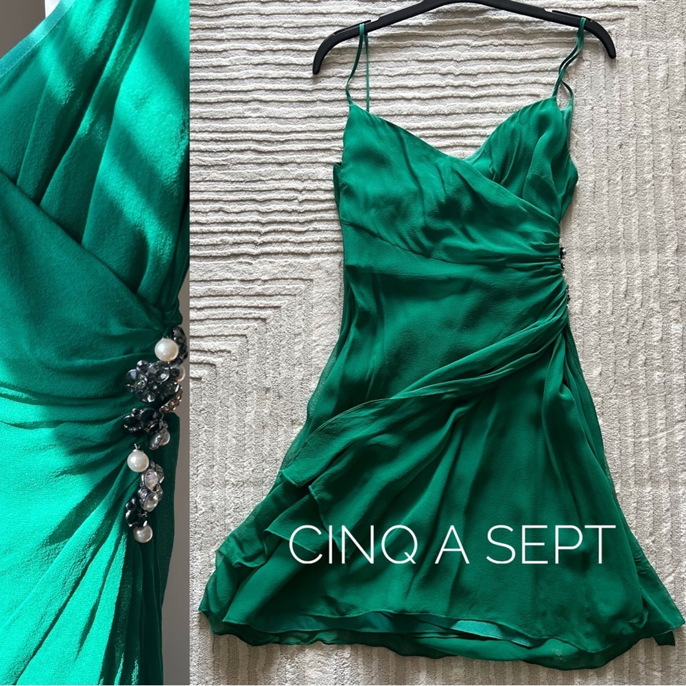 🍉Cinq à Sept Leroux Chiffon Mini Dress Green Embellished 100% Silk